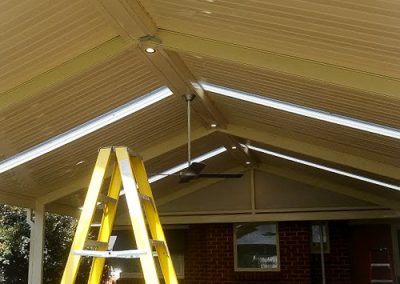 Pergola- down lights and ceiling fan installed by Melba Electrical Services